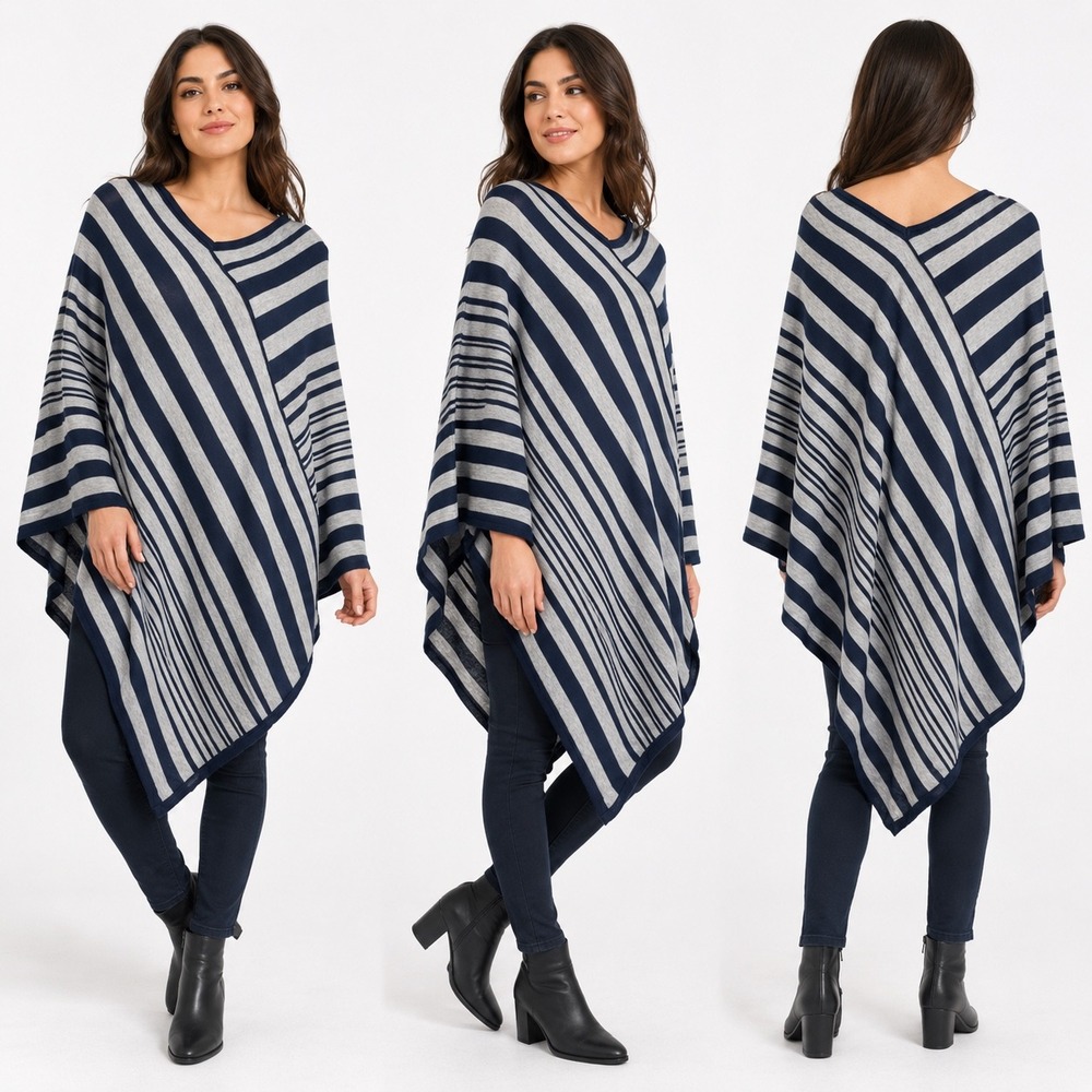 Jones New York Poncho Women One Size Navy Gray Striped Cotton Modal‎ Knit Wrap